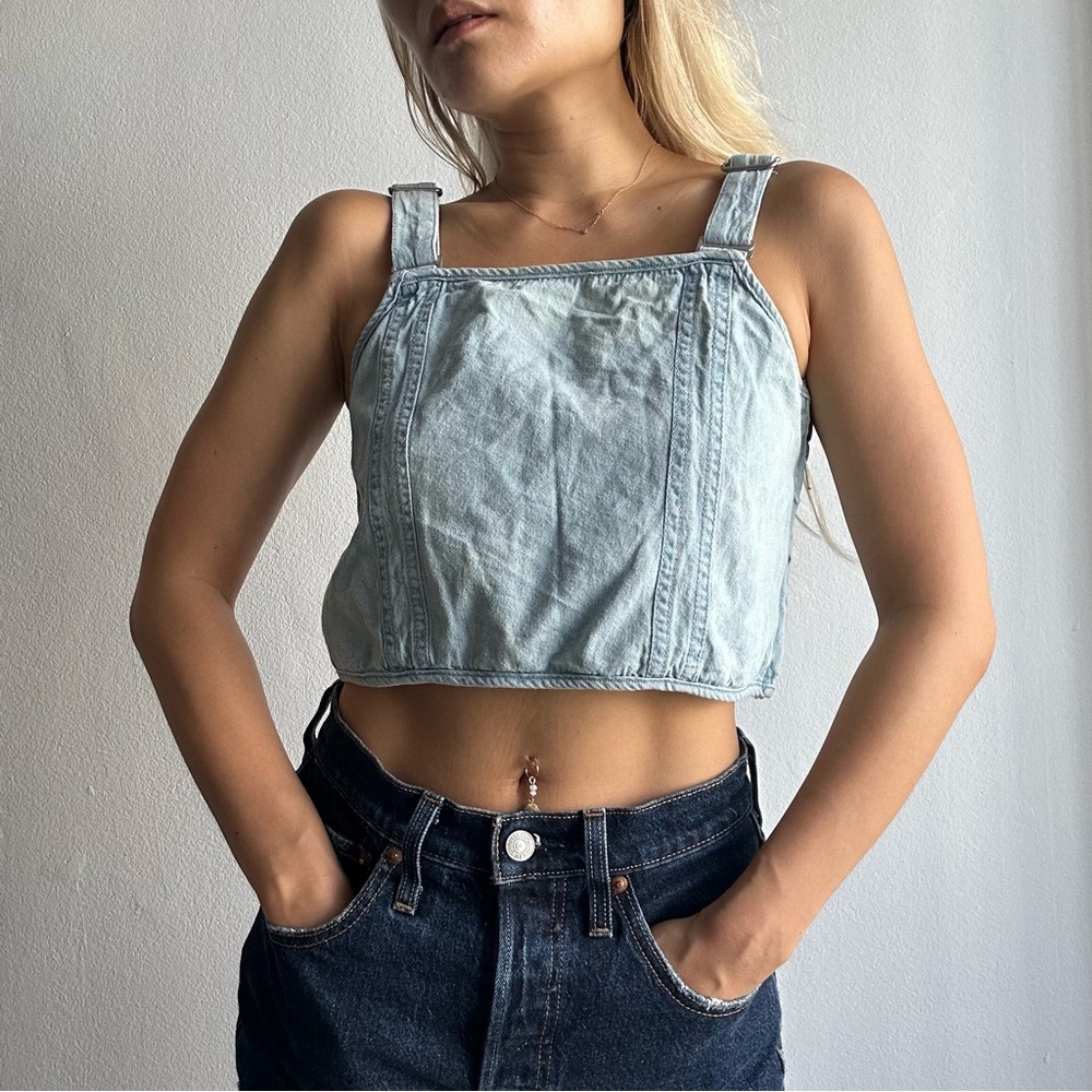 Ksubi Vintage Denim Panel Crop Tank Top with Adjustable Straps in Light Wash